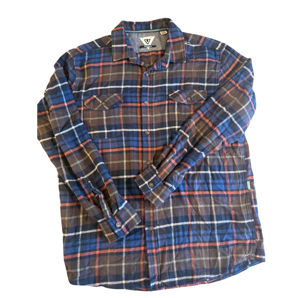 Vissla Mens XL Blue Brown Orange Plaid Flannel Button Down Shirt M513UCEC